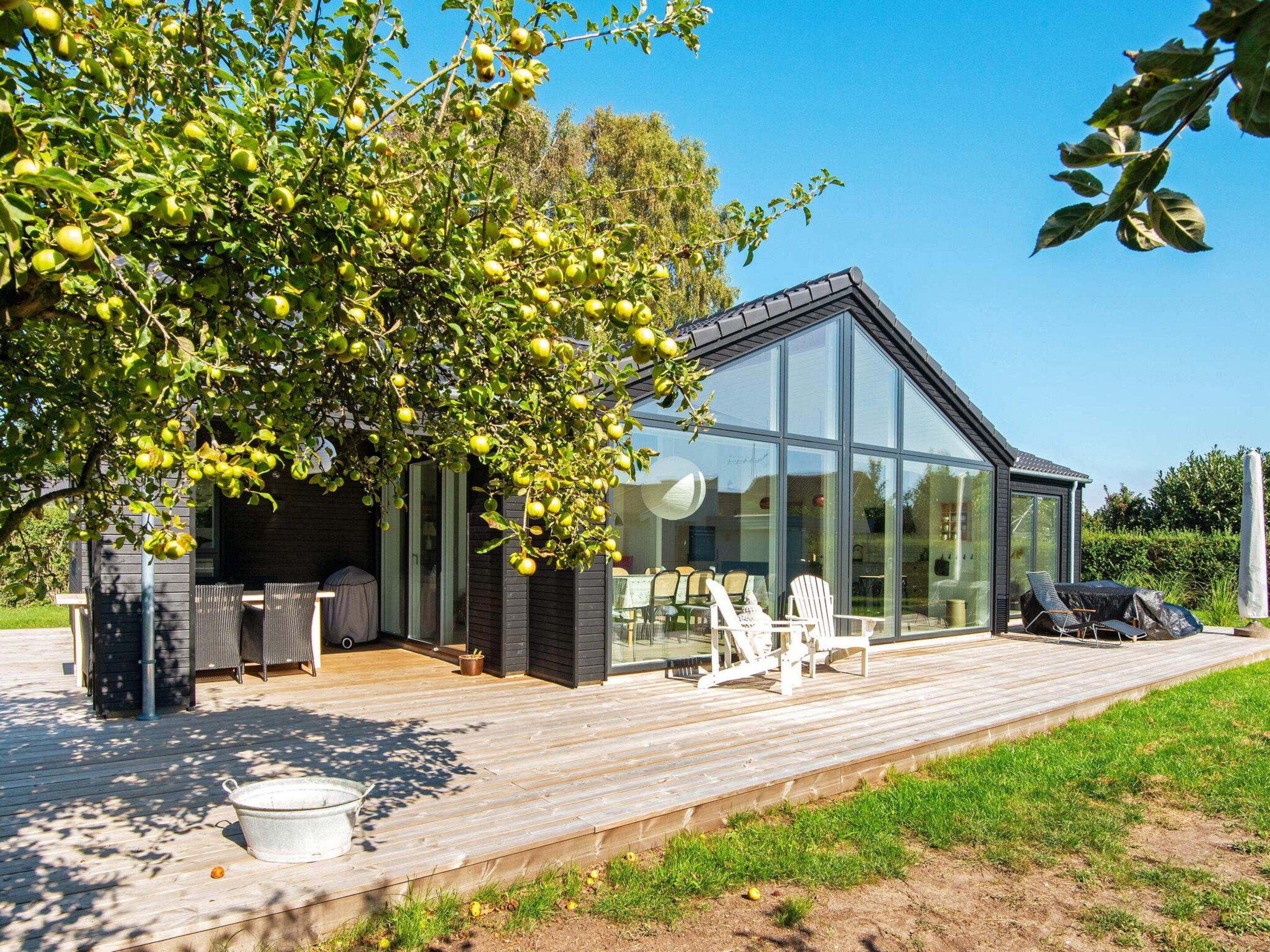 Una casa moderna con fachada de vidrio, una terraza de madera, mobiliario exterior y un árbol con frutos.