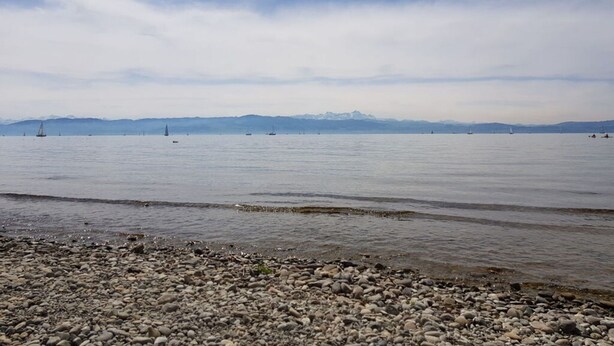 A calm lake with a rocky shoreline and distant mountains.
