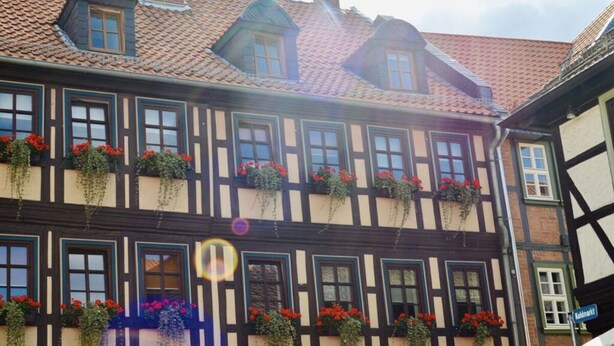 Un edificio tradicional con entramado de madera y numerosas ventanas, algunas con macetas de flores.