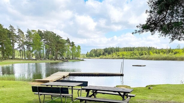 A lakeside picnic area with picnic tables and a grill, surrounded by trees and a dock extending into the water. - 6 Person Holiday Home in Hishult (Hishult)