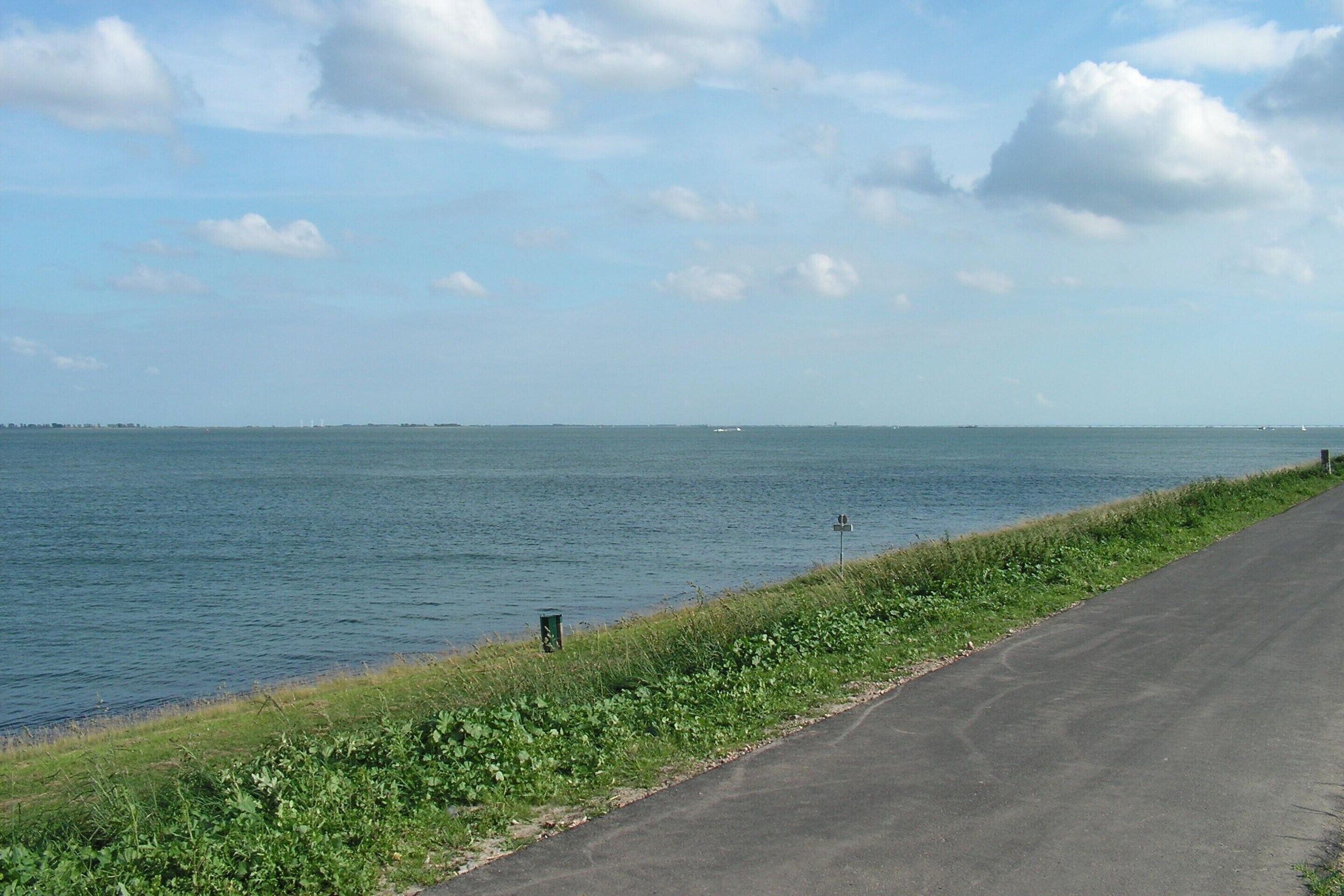 A coastal road with a grassy verge and a body of water in the background.