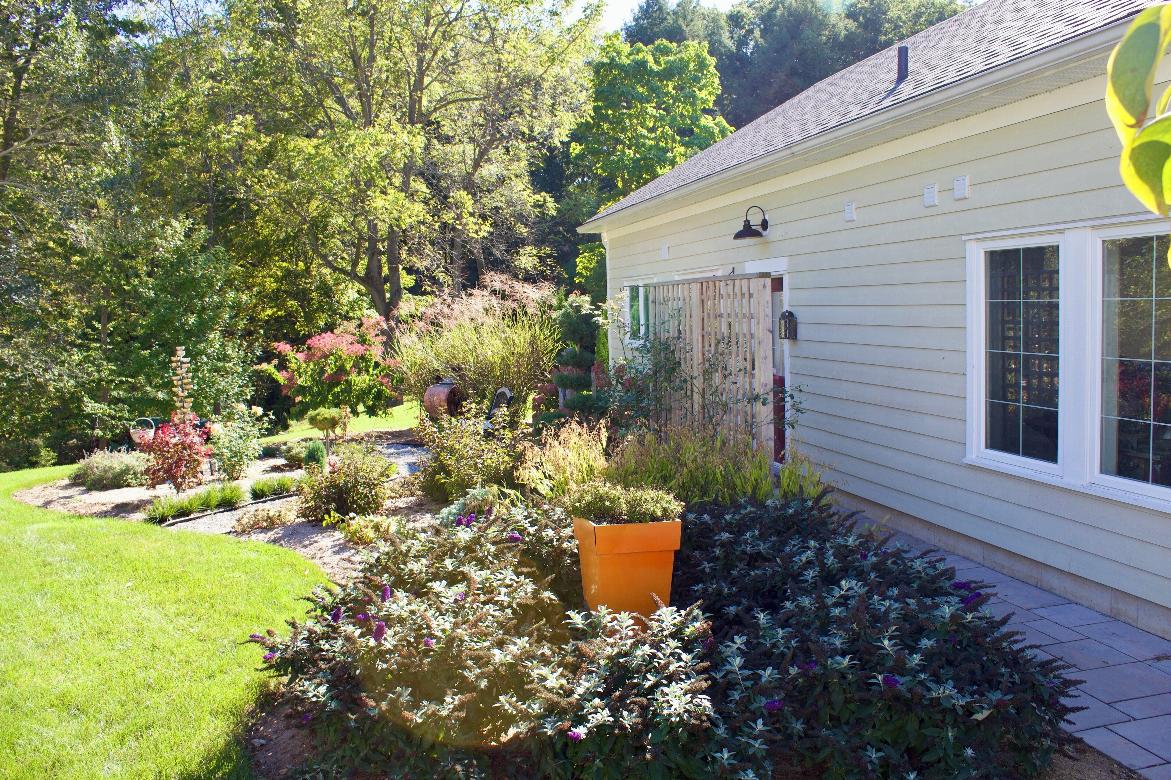Une maison avec un jardin agrémenté de diverses plantes et entourée d’une clôture en bois.