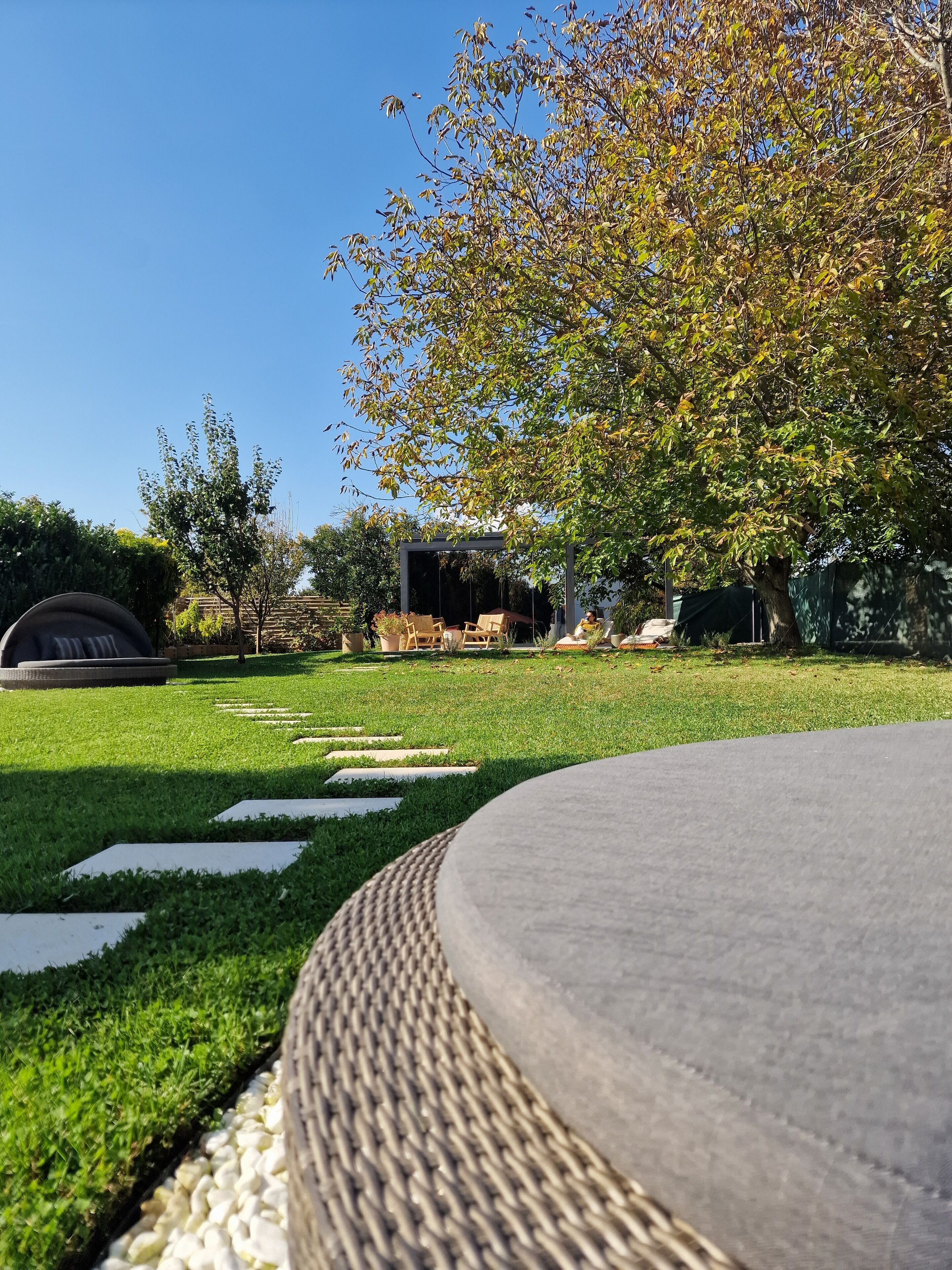 Un jardín bien cuidado con un camino pavimentado, una zona de estar y un gran árbol que da sombra.