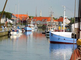 Un puerto con barcos amarrados, edificios de techos rojos y una superficie de agua tranquila.