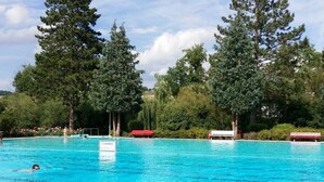 Une piscine entourée d’arbres.