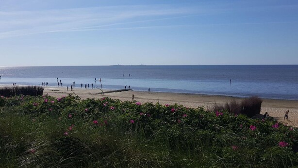 A beach with people walking along the shore, a clear sky, and a distant shoreline. - Holiday Home Nige Og (Cuxhaven)