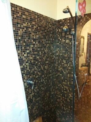 Shower, hair dryer, bidet, towels