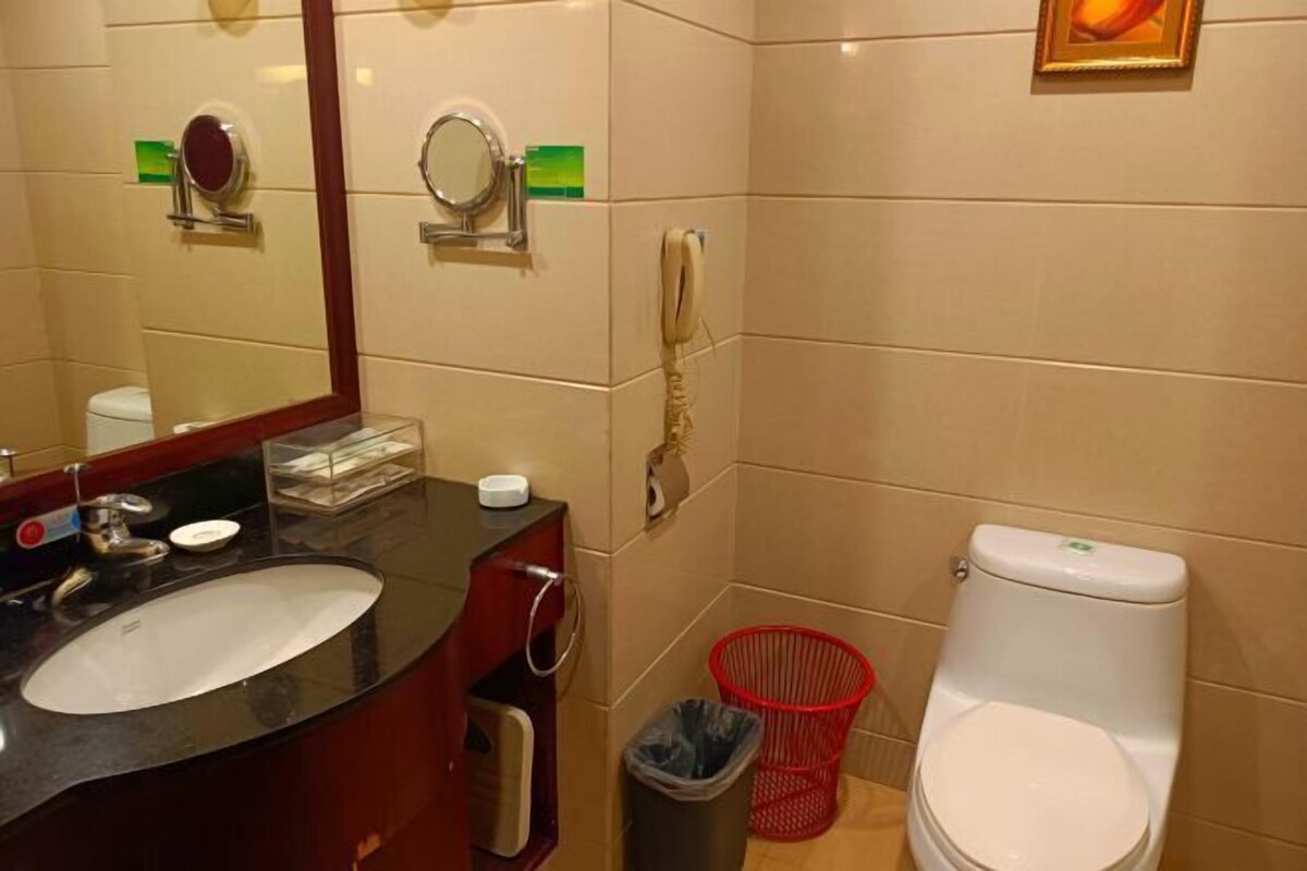 A bathroom with a black sink, a mirror, a toilet, and a red trash bin.