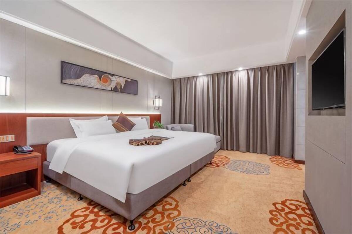 A hotel room with a large bed, a bedside table, a TV, and a carpeted floor.