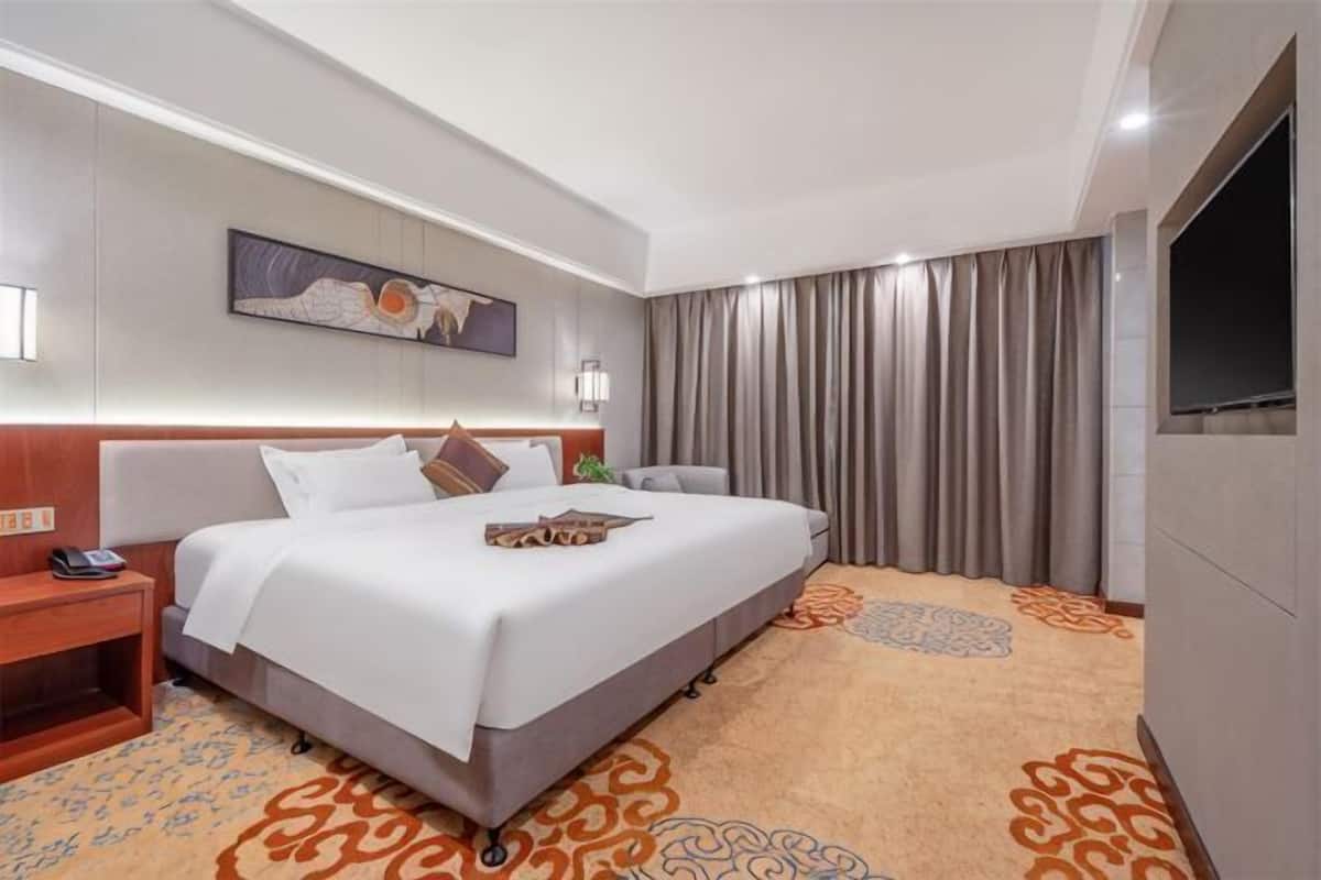 A hotel room with a large bed, a bedside table, a TV, and a carpeted floor.