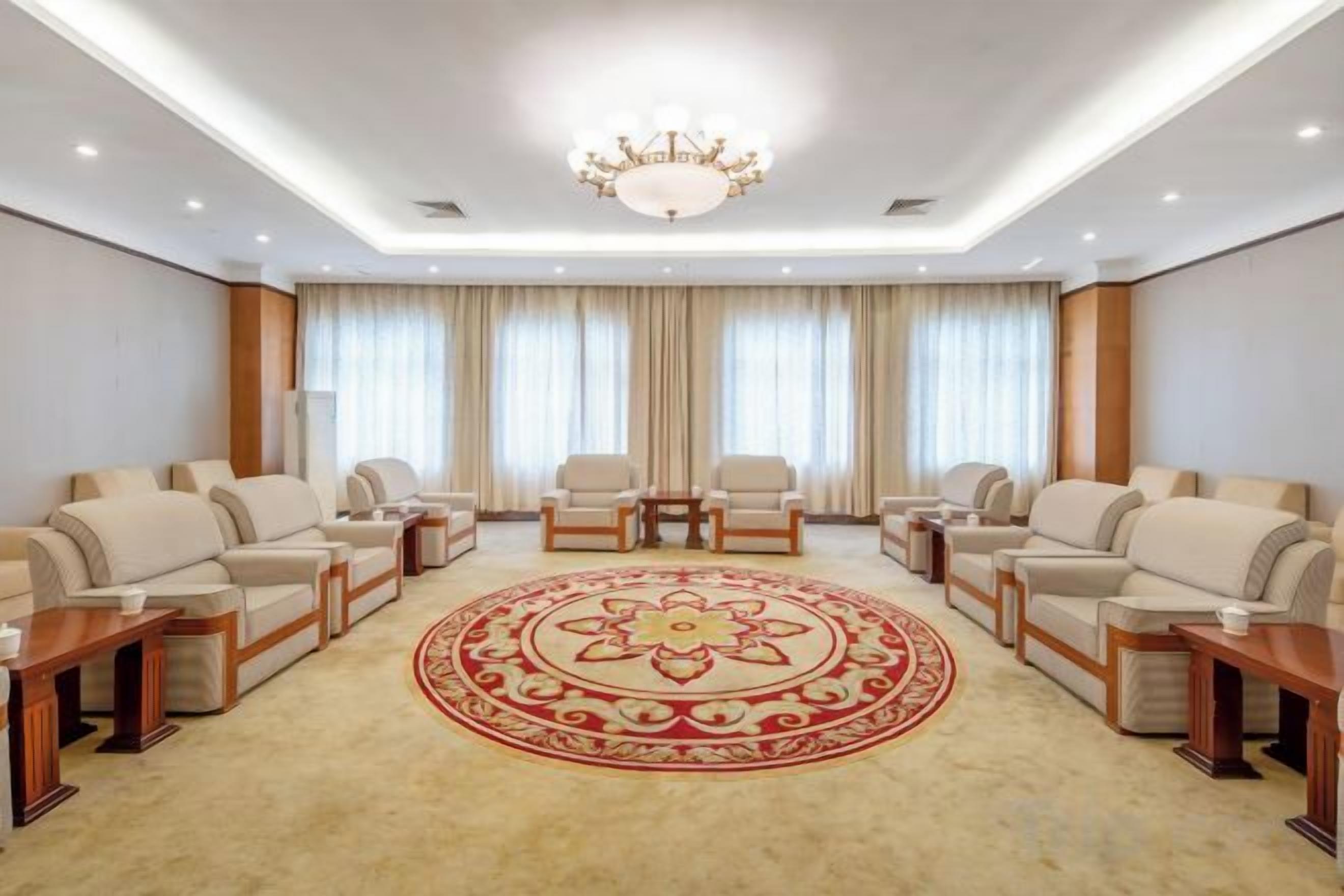 Un'ampia stanza con un grande tappeto decorato, diversi posti a sedere e un lampadario.
