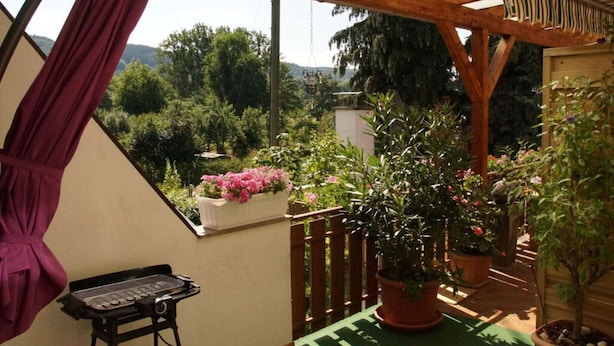 A covered balcony with a wooden pergola, a grill, potted plants, and a view of the surrounding greenery. - Philipps Holiday Apartment (Graach)