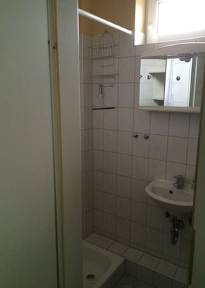 Un baño pequeño con ducha, lavamanos y espejo.