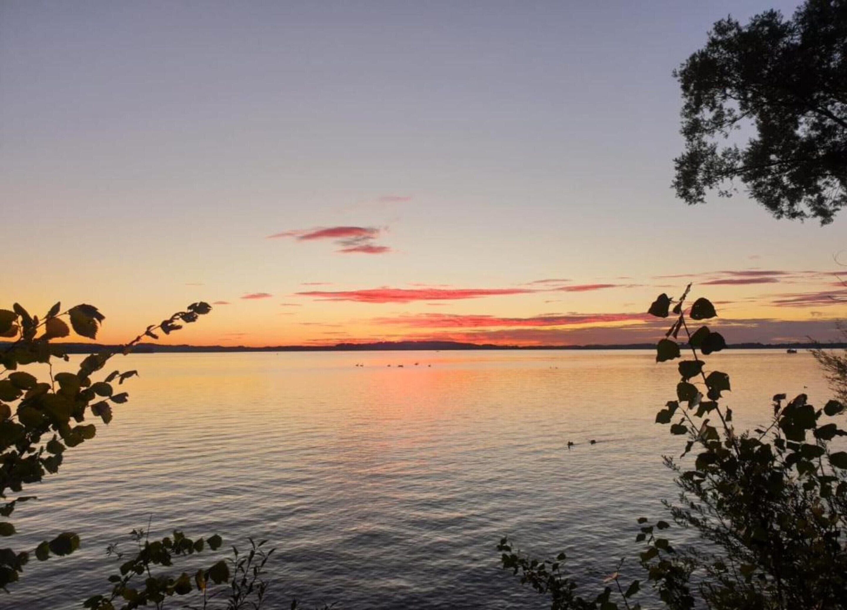 A calm lake at sunset with a clear sky and distant shoreline.