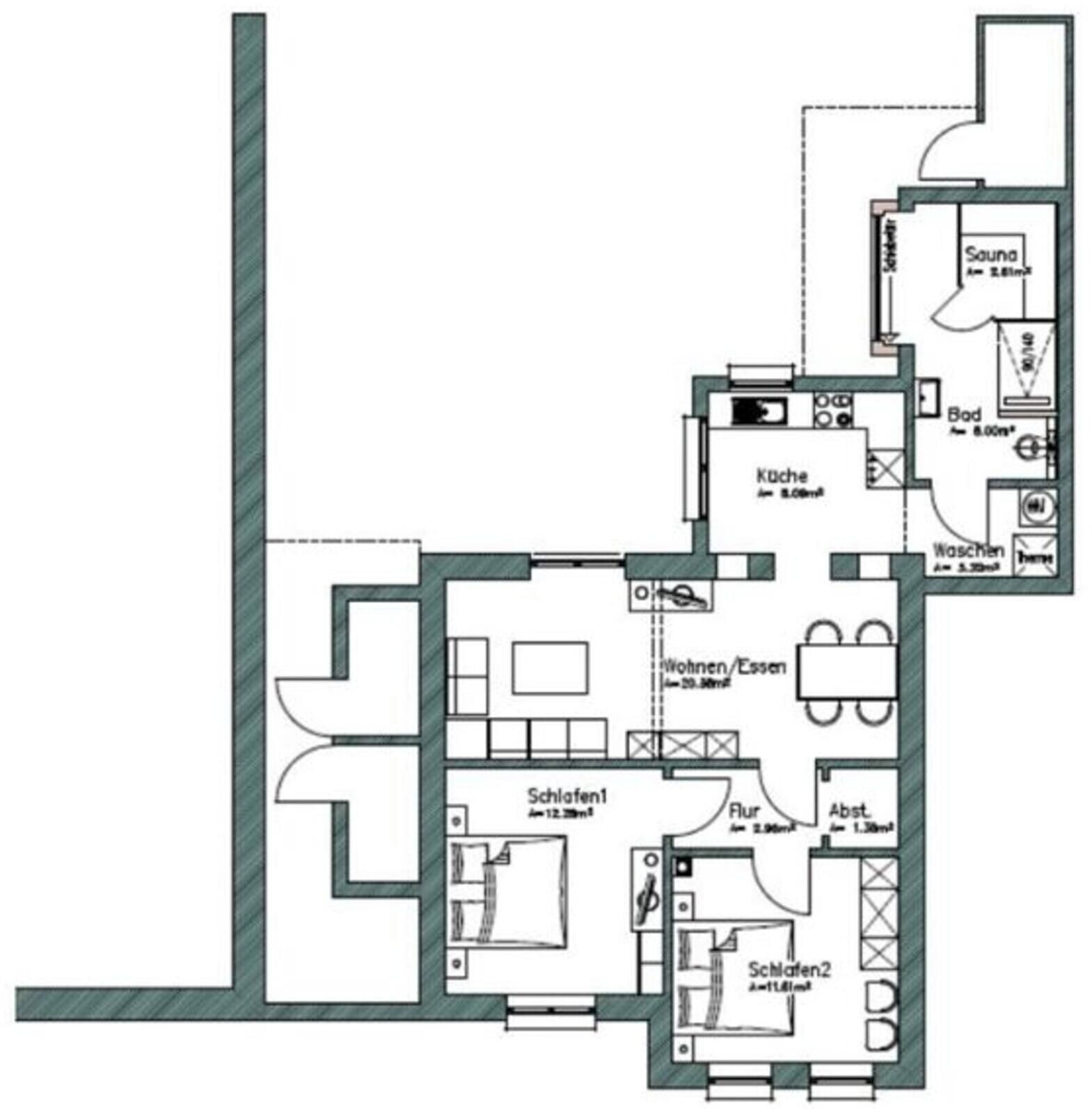 Plano de planta con dos dormitorios, un baño, cocina, sala de estar y comedor.