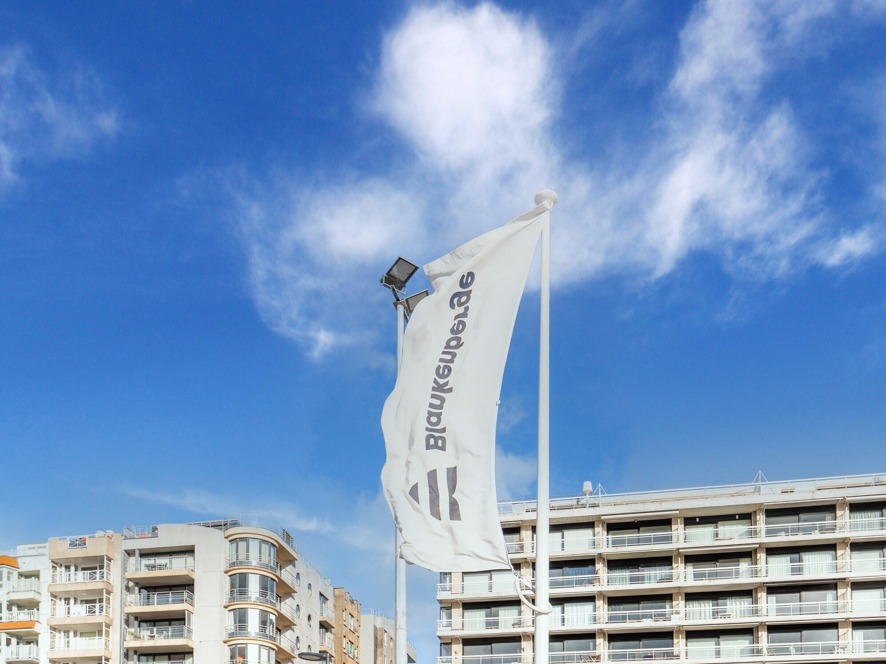 A flag with the text "Blaues Kreuz" on a flagpole against a clear blue sky.