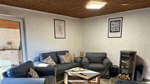 A modern living room with a sofa, armchair, and a coffee table. There is a fireplace and a rug on the floor. - Waldhaus No.15 Modern Retreat (Monkebude)