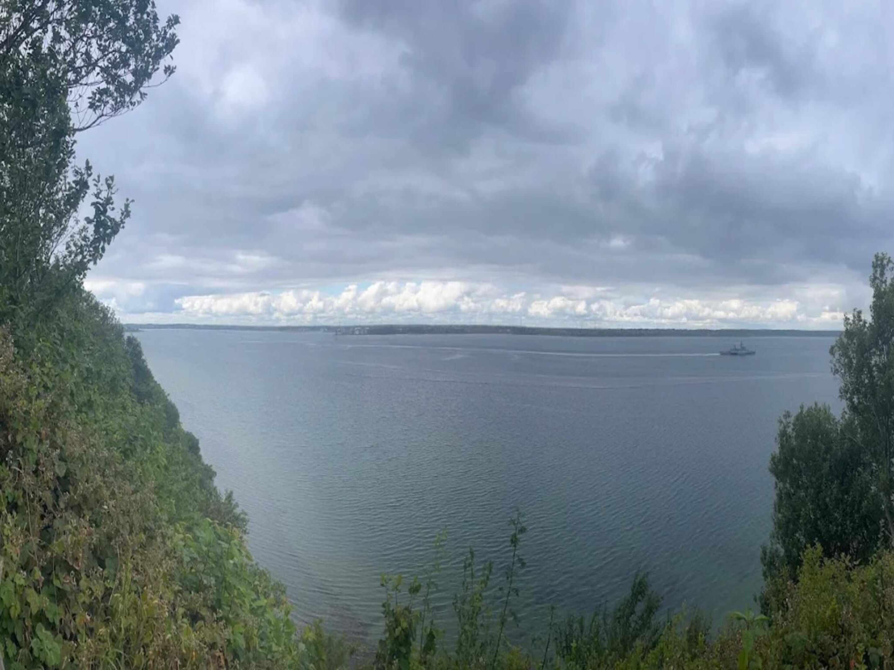 A calm body of water with a distant shoreline, surrounded by dense greenery.