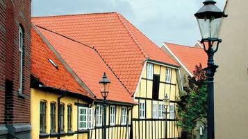 A traditional half-timbered house with a steep red-tiled roof and a street lamp.