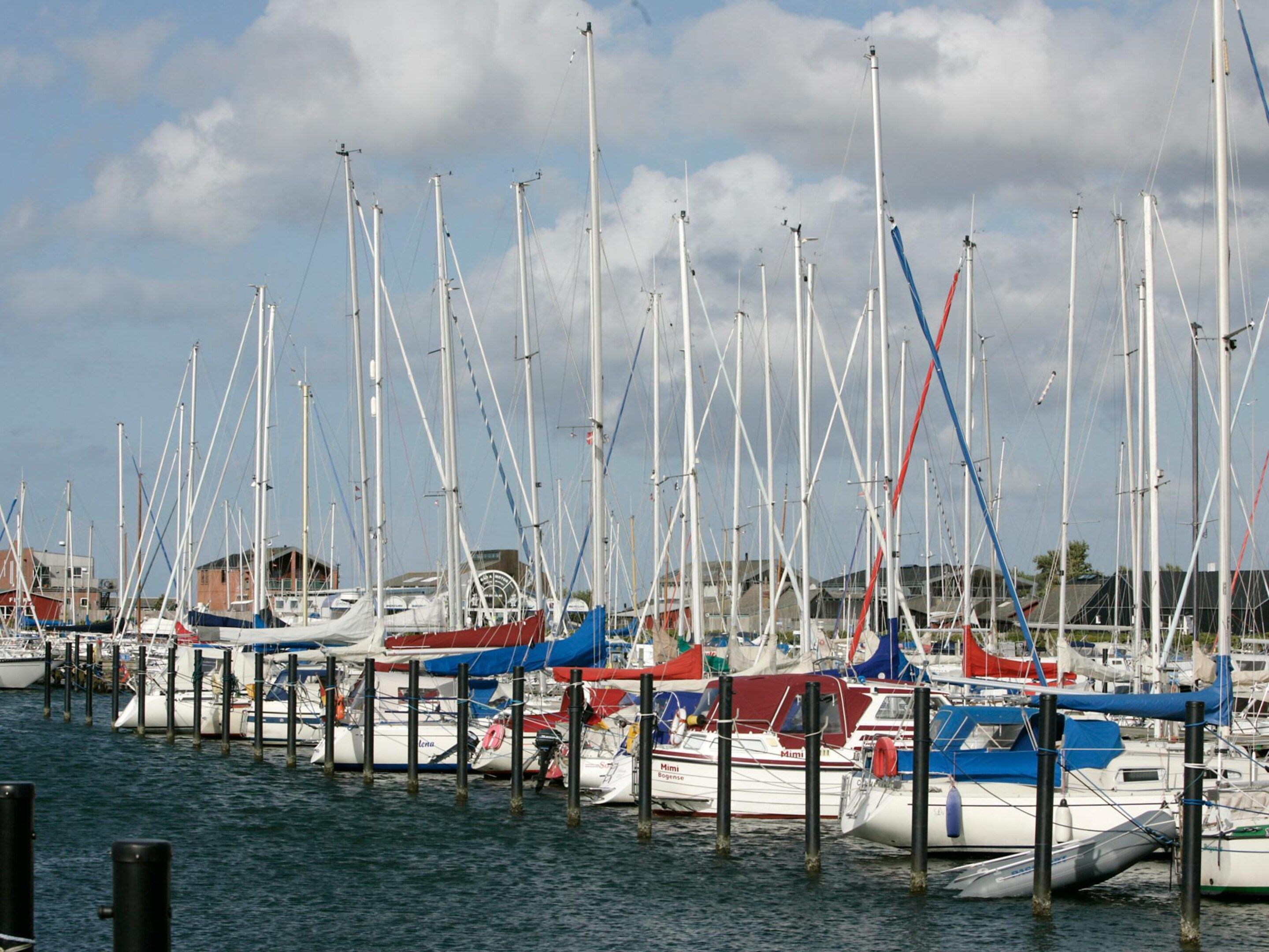 A marina with multiple boats docked at wooden piers.