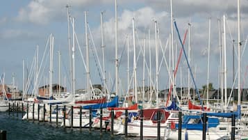 A marina with multiple boats docked at wooden piers.