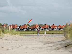 A beach with houses in the background.