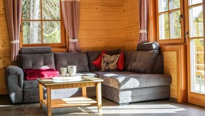 A cozy cabin interior with a grey sofa, a wooden coffee table, and checkered curtains. - Hackihutte Mountain hut (Rangersdorf)