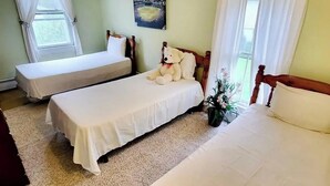 Ein Zimmer mit zwei Einzelbetten, einem Deckenventilator, einem Gemälde und einem fenster mit Vorhängen.