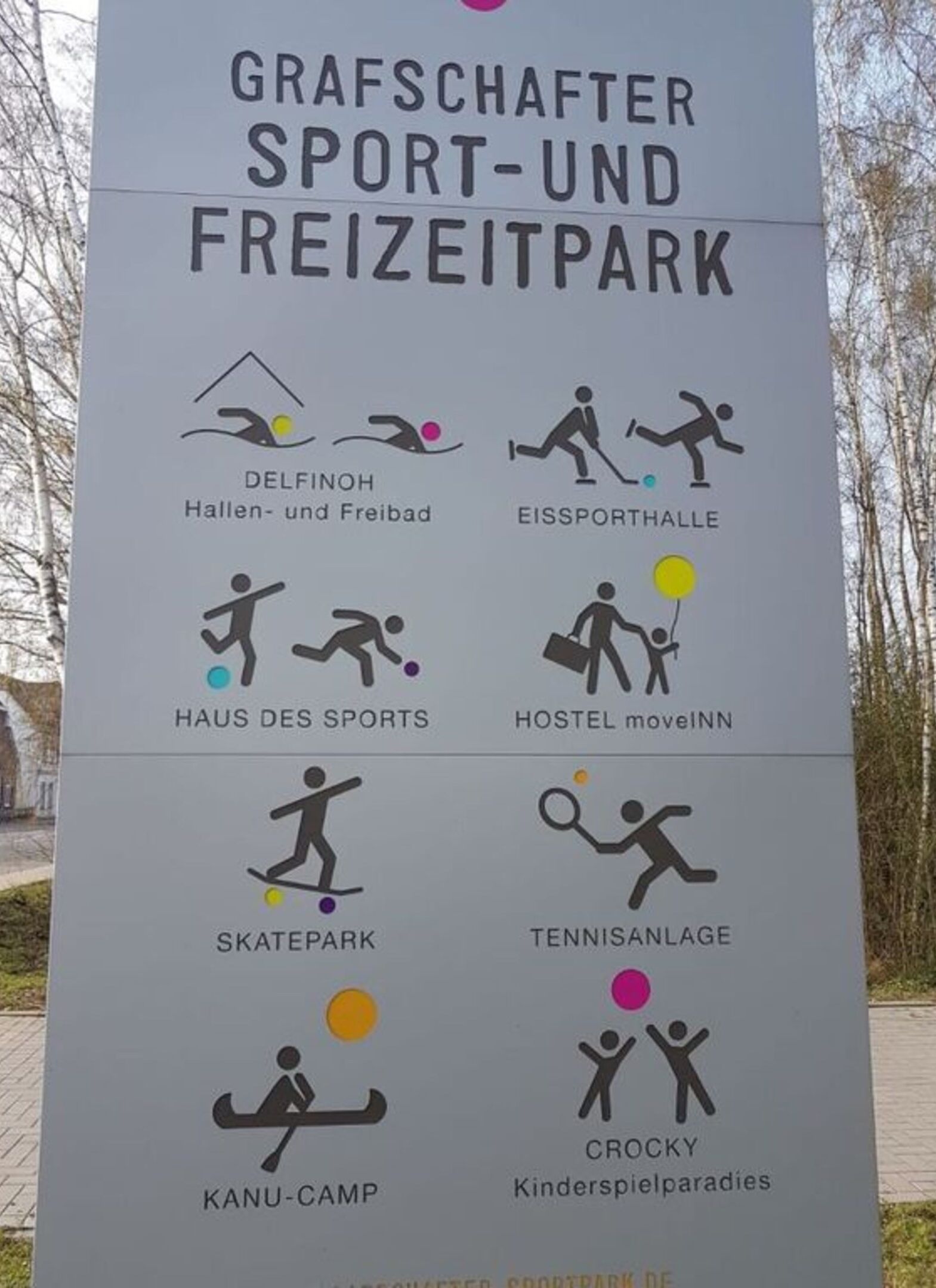 Un panneau indiquant les différents équipements sportifs et de loisirs disponibles dans un parc, notamment un skatepark, un terrain de tennis et une auberge de jeunesse.