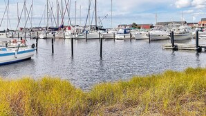 Un port de plaisance où sont amarrés différents types de bateaux, entouré de zones verdoyantes et avec des bâtiments en arrière-plan.