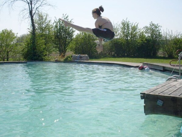 A person jumping off a wooden diving board into a clear pool surrounded by greenery. - Haus Sommerwind OG Comfortable Vacation Home (Klink)