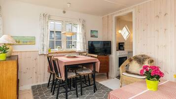A cozy room with a dining table, chairs, a television, and a wicker chair with a plant.