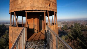 A cylindrical observation tower with a metal staircase leading up to an open platform. - Chalet in Dutch Park With Garden and Terrace (Hoogersmilde)