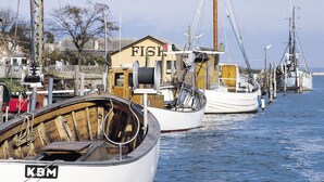 Un quai où sont amarrés plusieurs bateaux, un bâtiment en bois portant l’inscription « POISSON », et un ciel dégagé.