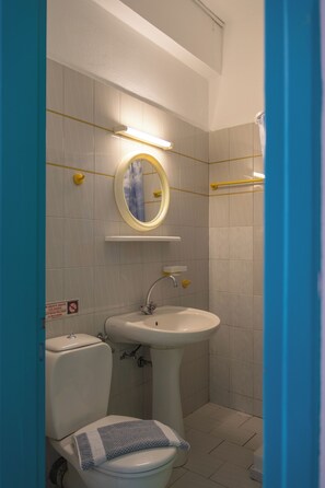Une salle de bain avec des toilettes, un lavabo et un miroir.