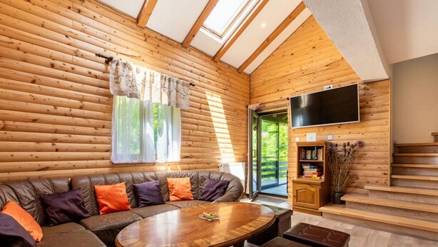 L’intérieur d’une cabane en rondins, avec un canapé en cuir, une table basse en bois et un téléviseur fixé au mur.