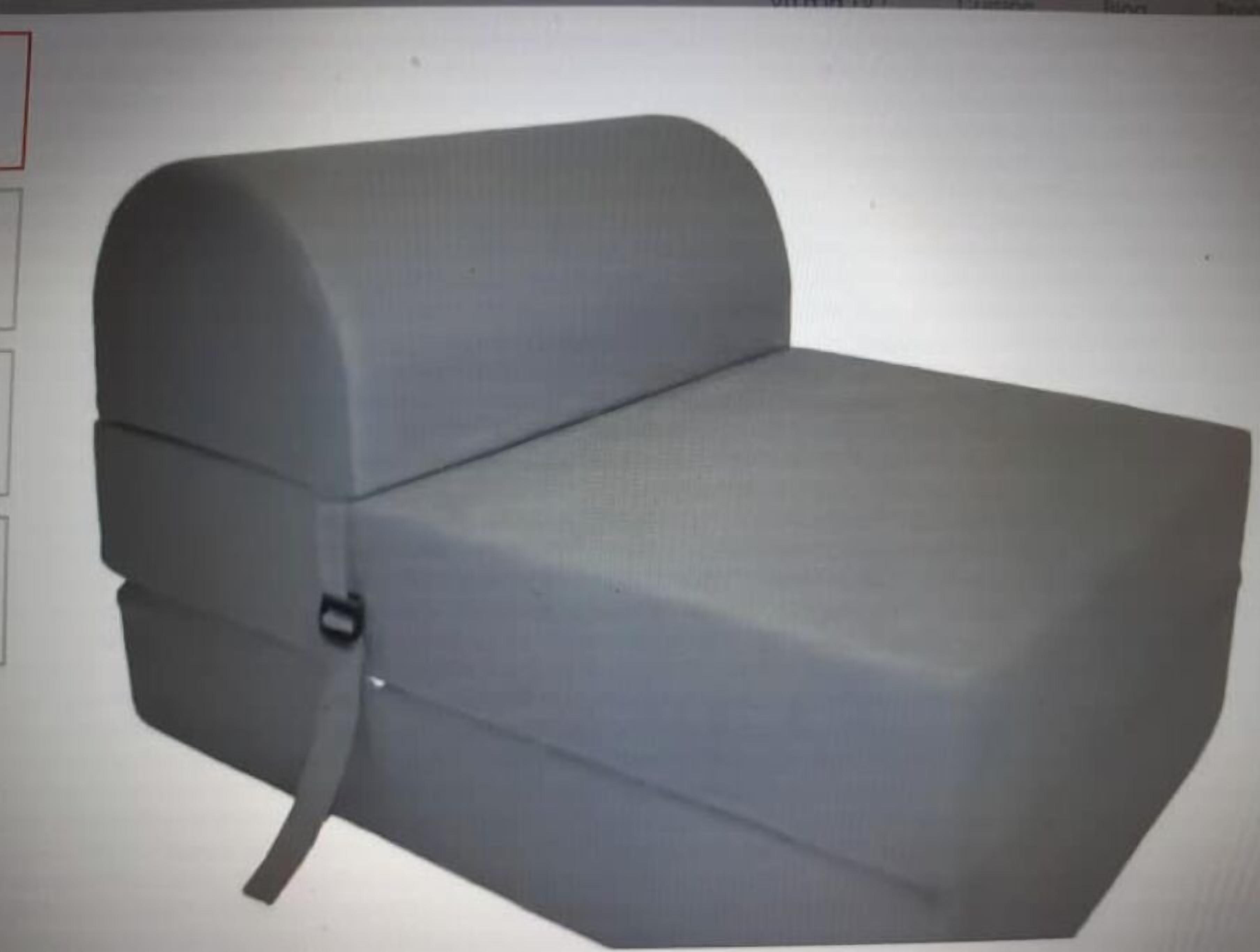 A gray, upholstered bench with a curved backrest and a side armrest.