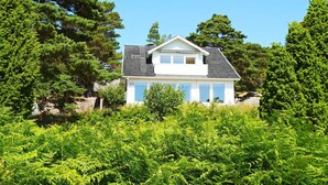 Uma casa branca com telhado cinza, rodeada por árvores e samambaias verdes e densas.