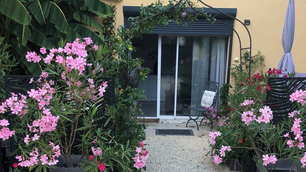 A garden area with gravel path leading to a glass door entrance, surrounded by potted plants with pink flowers.