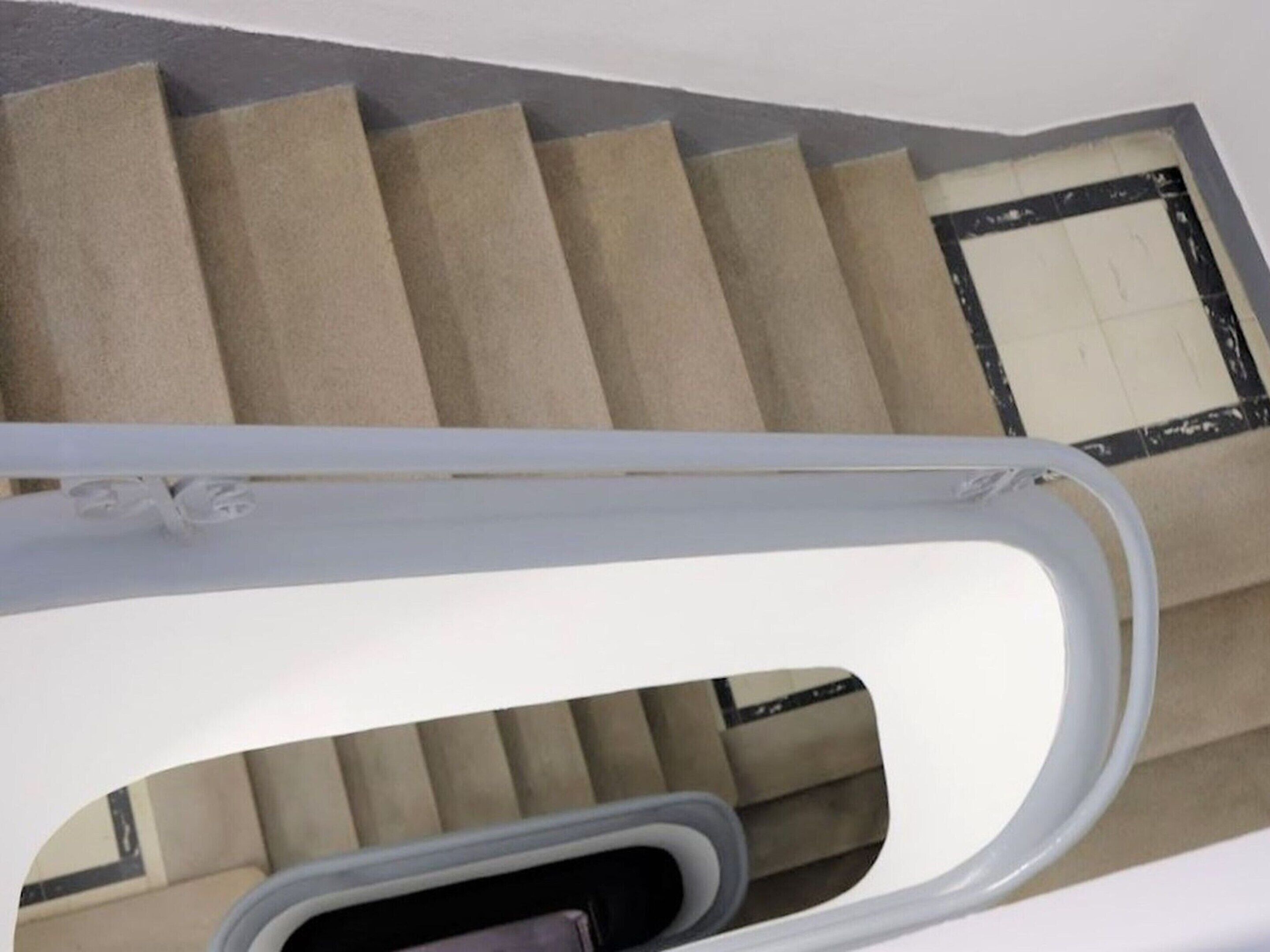 A staircase with beige carpeted steps and a white handrail.
