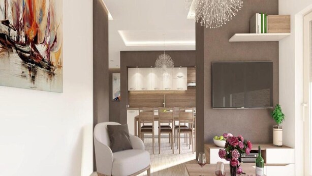 A modern living room with a dining area, a kitchen in the background, and a large abstract painting on the wall. - Apartments Villa Subic - Two Bedroom Apartment With Balcony A2 (Rab)