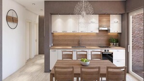 A modern kitchen with a central island, wooden cabinets, and a hanging light fixture. - Apartments Villa Subic - Two Bedroom Apartment With Balcony A2 (Rab)