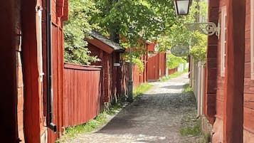 A narrow cobblestone alley flanked by red wooden buildings with a street lamp overhead.