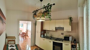 Une cuisine compacte équipée d’une cuisinière à gaz, d’un four à micro-ondes et d’appareils électroménagers de base. On y trouve un coin repas avec une table et des chaises, ainsi qu’une plante suspendue au-dessus de l’évier.