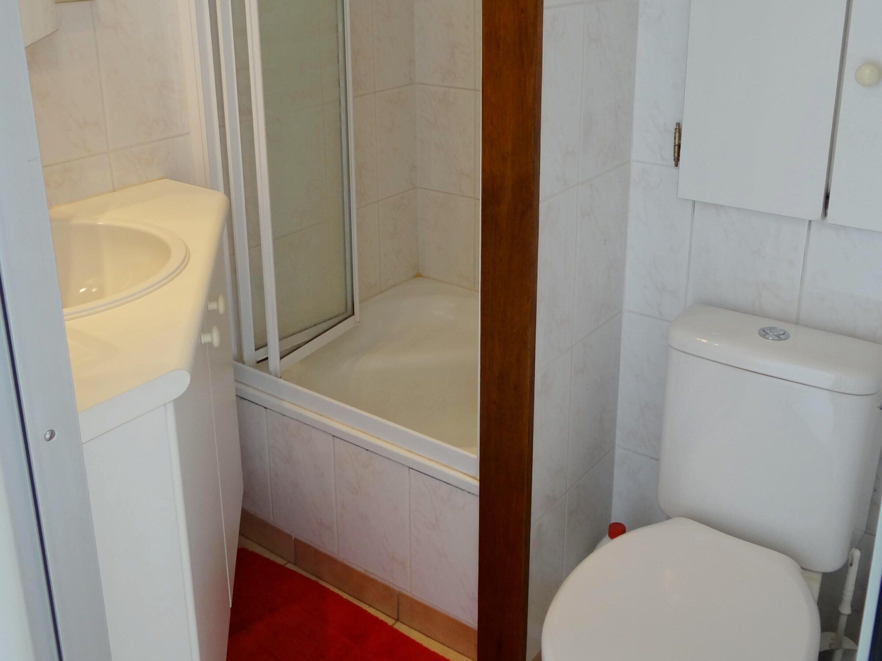 A bathroom with a toilet, a sink, and a shower enclosure.