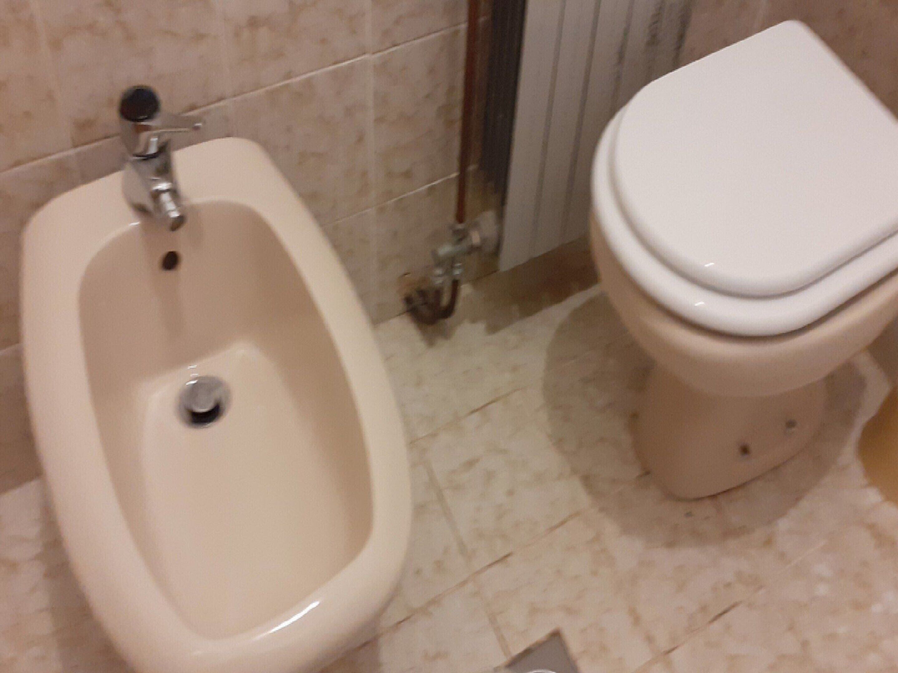 A bathroom with a bidet, a toilet, and a tiled floor.