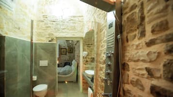 Shower, jetted tub, hair dryer, towels