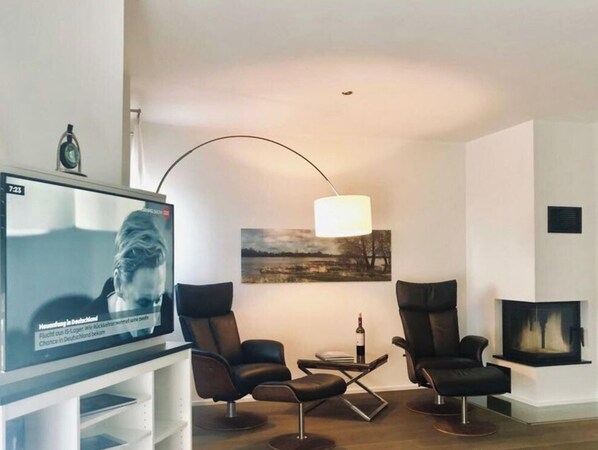 A modern living room with a flat-screen TV, two leather armchairs, a floor lamp, a fireplace, and a painting on the wall. - Captain House in Gohren-lebbin (Goehren-Lebbin)