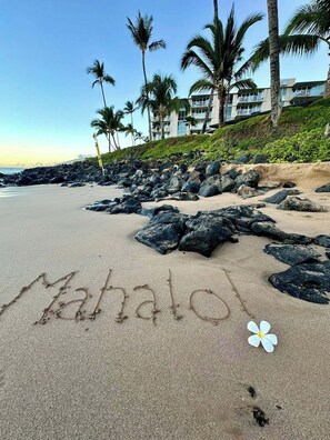 A beach with the word "Mahalo" written in the sand, palm trees, and a building in the background.