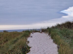 En sandstig som kantas av gräs på båda sidor och som leder mot havet.